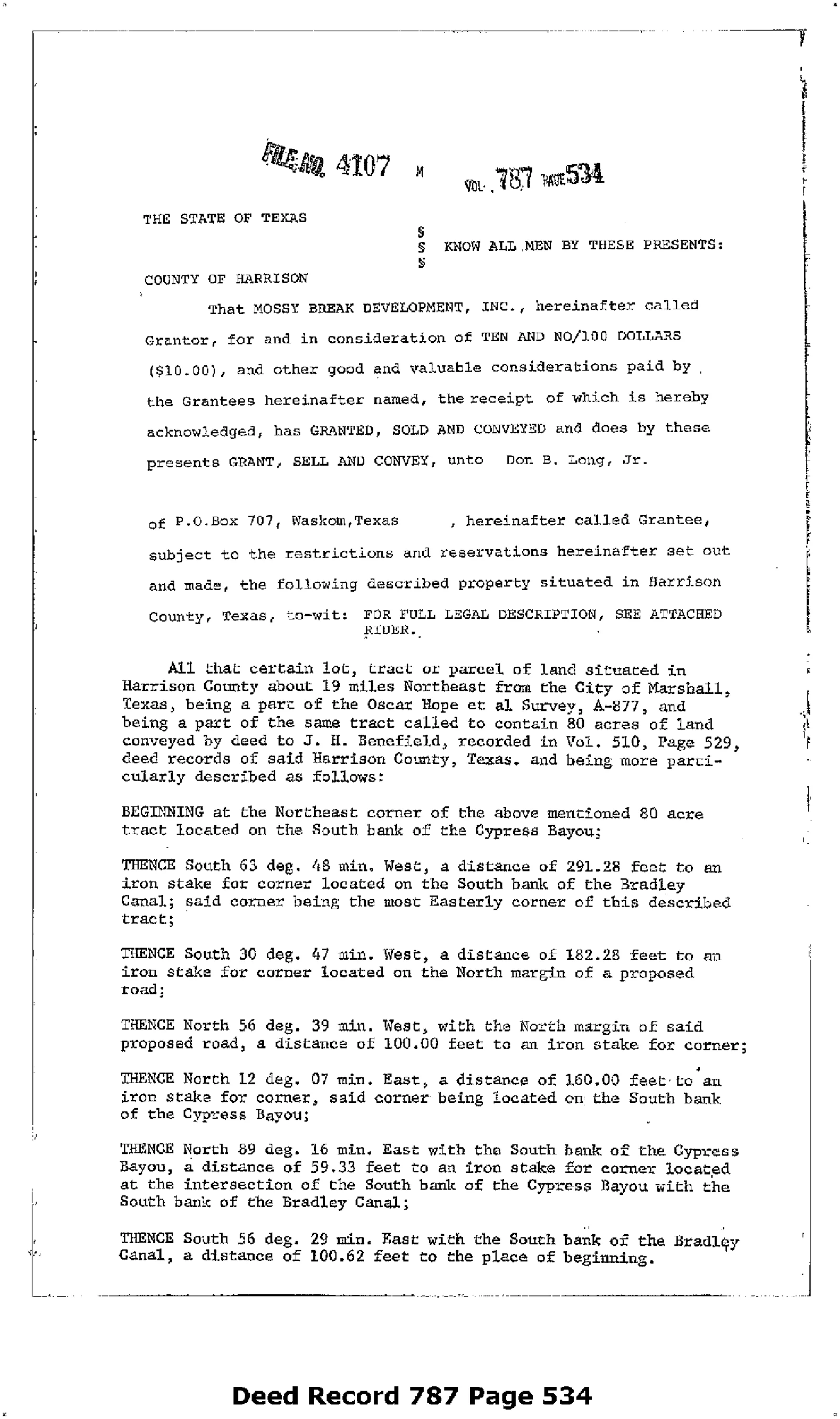 Mossy Break Development Inc. - Recorded Deed (Vol. 787, Page 534)