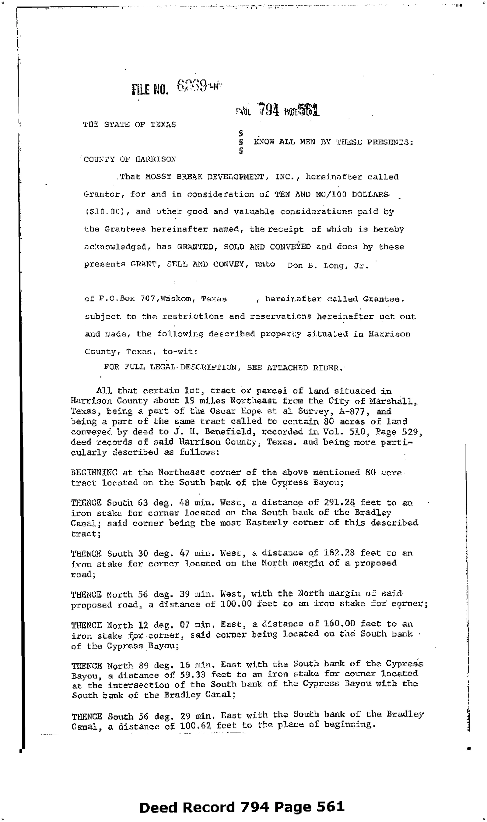 Mossy Break Development Inc. - Recorded Deed (Vol. 794, Page 561)